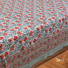 Peach Flower Vines Artwork  |hand block printed bedsheet| Double bed ,Queen size | 210 TC Pure Cotton| Complementing pillow covers