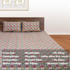PinkFlowerGarden Design |hand block printed bedsheet| Double bed ,Queen size | 210 TC Pure Cotton| Complementing pillow covers