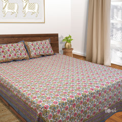 PinkFlowerGarden Design |hand block printed bedsheet| Double bed ,Queen size | 210 TC Pure Cotton| Complementing pillow covers