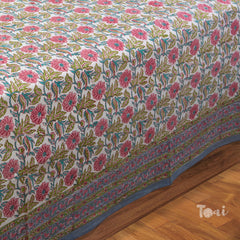 PinkFlowerGarden Design |hand block printed bedsheet| Double bed ,Queen size | 210 TC Pure Cotton| Complementing pillow covers