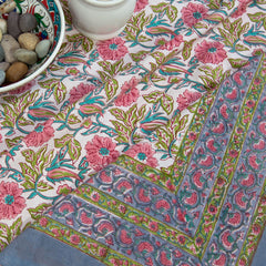 PinkFlowerGarden Design |hand block printed bedsheet| Double bed ,Queen size | 210 TC Pure Cotton| Complementing pillow covers