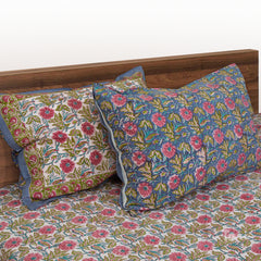 PinkFlowerGarden Design |hand block printed bedsheet| Double bed ,Queen size | 210 TC Pure Cotton| Complementing pillow covers