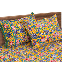 Summer inspired Garden Artwork |hand block printed bedsheet| Double bed ,Queen size | 210 TC Pure Cotton| Complementing pillow covers