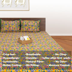 Summer inspired Garden Artwork |hand block printed bedsheet| Double bed ,Queen size | 210 TC Pure Cotton| Complementing pillow covers