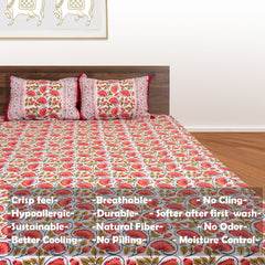 Temple Lotus Vines Design |hand block printed bedsheet| Double bed ,Queen size | 210 TC Pure Cotton| Complementing pillow covers