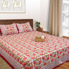 Temple Lotus Vines Design |hand block printed bedsheet| Double bed ,Queen size | 210 TC Pure Cotton| Complementing pillow covers