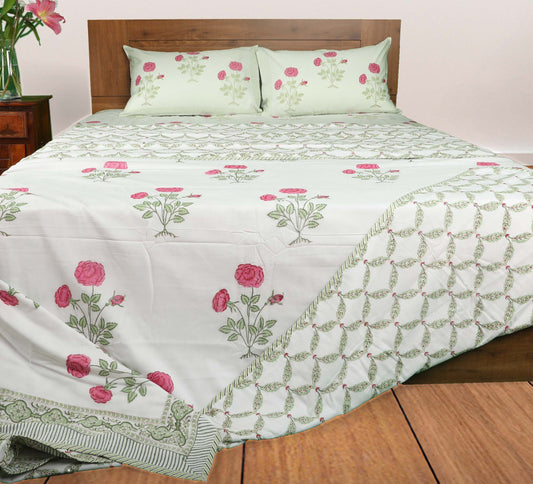 Pink Rose Bush, Ethnic border | Jaipuri hand block printed | Double bed Dohar| Premium Mulmul Cotton| Reversible