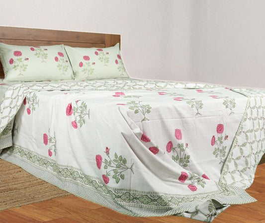 Pink Rose Bush, Ethnic border | Jaipuri hand block printed | Double bed Dohar| Premium Mulmul Cotton| Reversible
