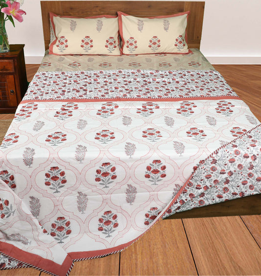 Rust, Grey Flower Bush with Rust Jaal | Jaipuri hand block printed | Double bed Dohar | Premium Mulmul Cotton | Reversible