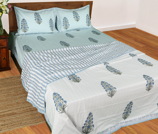 Blue Tulips on White| Jaipuri hand block printed | Double bed Dohar | Premium Mulmul Cotton| Reversible