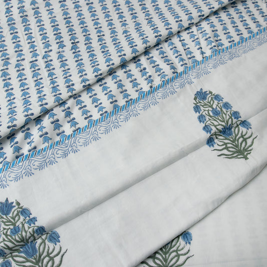 Blue Tulips on White | Jaipuri hand block printed| Single Dohar | Premium Mulmul Cotton | Reversible