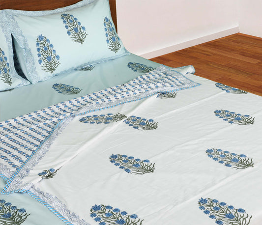 Blue Tulips on White | Jaipuri hand block printed| Single Dohar | Premium Mulmul Cotton | Reversible