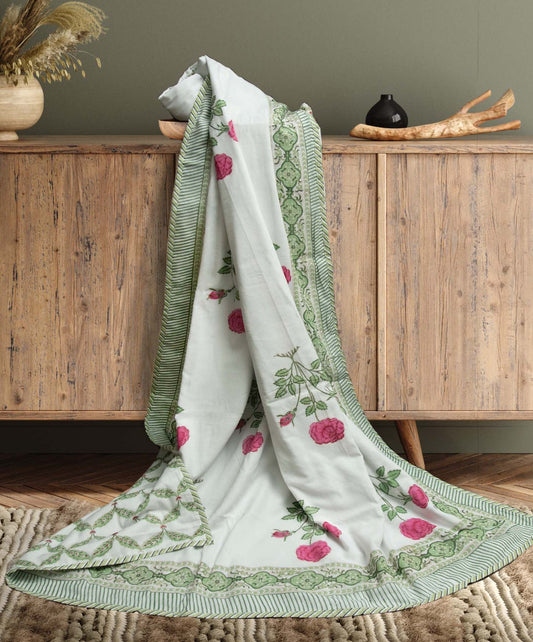 Pink Rose Bush, Ethnic border| Jaipuri hand block printed| Single Dohar | Premium Mulmul Cotton| Reversible
