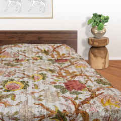 AutumnWoods |Kantha Stitched |Hand Screen Printed |Double Bed- Queen Size| Premium Pure Cotton| Bed cover