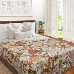 AutumnWoods |Kantha Stitched |Hand Screen Printed |Double Bed- Queen Size| Premium Pure Cotton| Bed cover