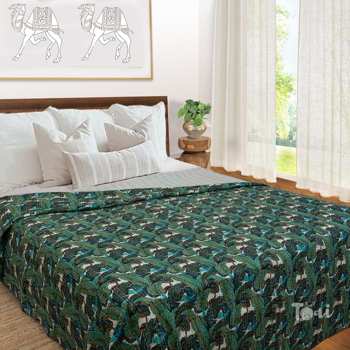 BananaLeaves |Kantha Stitched |Hand Screen Printed |Double Bed- Queen Size| Premium Pure Cotton| Bed cover