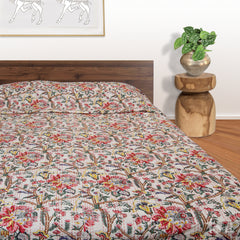 DreamFlowers |Kantha Stitched |Hand Screen Printed |Double Bed- Queen Size| Premium Pure Cotton| Bed cover