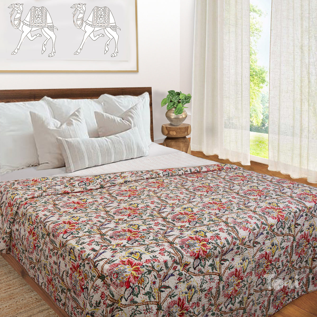 DreamFlowers |Kantha Stitched |Hand Screen Printed |Double Bed- Queen Size| Premium Pure Cotton| Bed cover