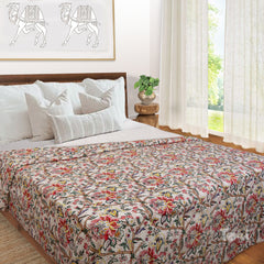 DreamFlowers |Kantha Stitched |Hand Screen Printed |Double Bed- Queen Size| Premium Pure Cotton| Bed cover