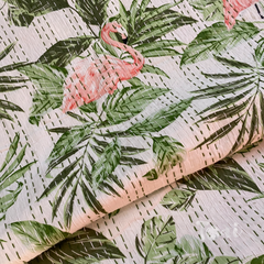 Flamingo Forest |Kantha Stitched |Hand Screen Printed |Double Bed- Queen Size| Premium Pure Cotton| Bed cover