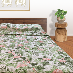 Flamingo Forest |Kantha Stitched |Hand Screen Printed |Double Bed- Queen Size| Premium Pure Cotton| Bed cover
