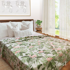 Flamingo Forest |Kantha Stitched |Hand Screen Printed |Double Bed- Queen Size| Premium Pure Cotton| Bed cover
