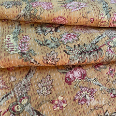 GardenElements In Autumn |Kantha Stitched |Hand Screen Printed |Double Bed- Queen Size| Premium Pure Cotton| Bed cover