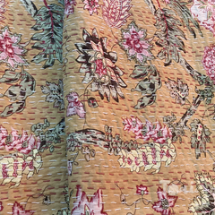 GardenElements In Autumn |Kantha Stitched |Hand Screen Printed |Double Bed- Queen Size| Premium Pure Cotton| Bed cover