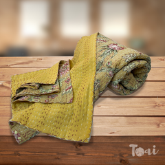 GardenElements In Autumn |Kantha Stitched |Hand Screen Printed |Double Bed- Queen Size| Premium Pure Cotton| Bed cover