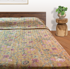 GardenElements In Autumn |Kantha Stitched |Hand Screen Printed |Double Bed- Queen Size| Premium Pure Cotton| Bed cover