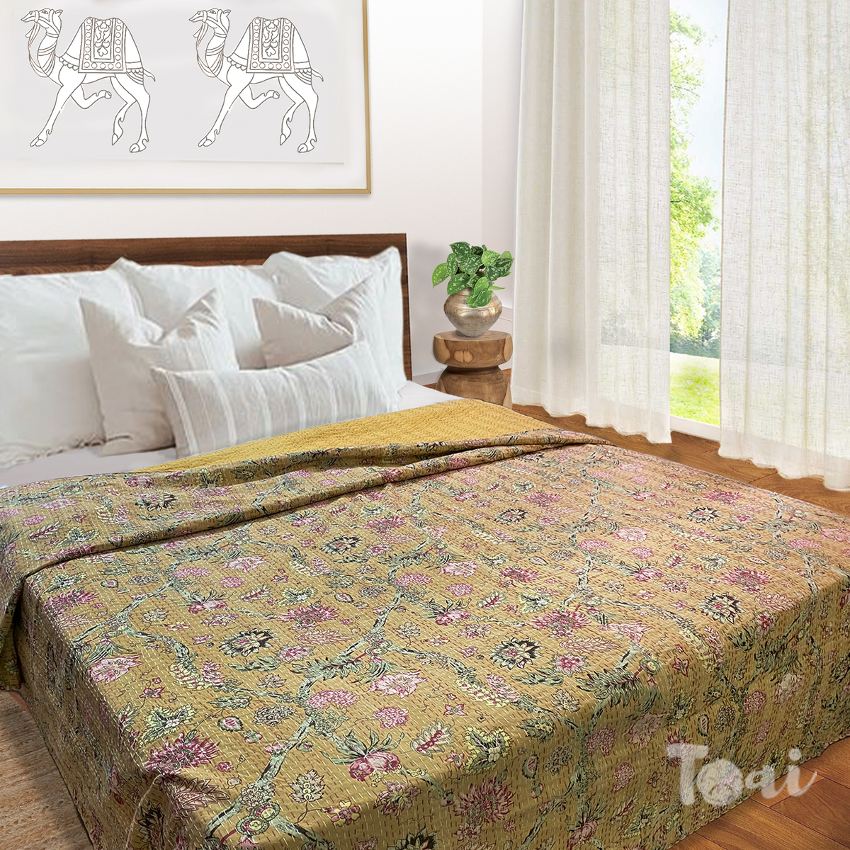 GardenElements In Autumn |Kantha Stitched |Hand Screen Printed |Double Bed- Queen Size| Premium Pure Cotton| Bed cover