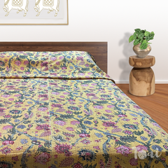 GardenElements In Summer |Kantha Stitched |Hand Screen Printed |Double Bed- Queen Size| Premium Pure Cotton| Bed cover