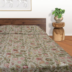 GardenElementsOnGreen |Kantha Stitched |Hand Screen Printed |Double Bed- Queen Size| Premium Pure Cotton| Bed cover