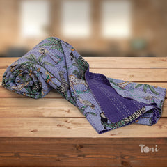 TropicalForestOnPurple |Kantha Stitched |Hand Screen Printed |Double Bed- Queen Size| Premium Pure Cotton| Bed cover