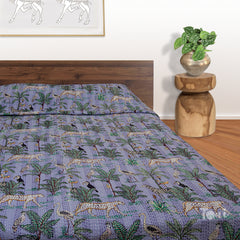 TropicalForestOnPurple |Kantha Stitched |Hand Screen Printed |Double Bed- Queen Size| Premium Pure Cotton| Bed cover