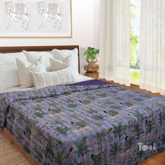 TropicalForestOnPurple |Kantha Stitched |Hand Screen Printed |Double Bed- Queen Size| Premium Pure Cotton| Bed cover