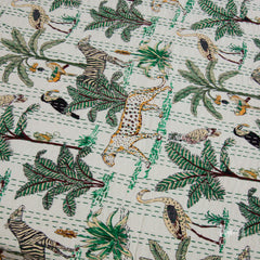 TropicalForestOnWhite |Kantha Stitched |Hand Screen Printed |Double Bed- Queen Size| Premium Pure Cotton| Bed cover