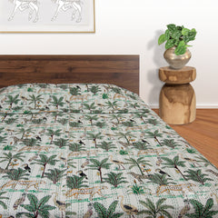TropicalForestOnWhite |Kantha Stitched |Hand Screen Printed |Double Bed- Queen Size| Premium Pure Cotton| Bed cover