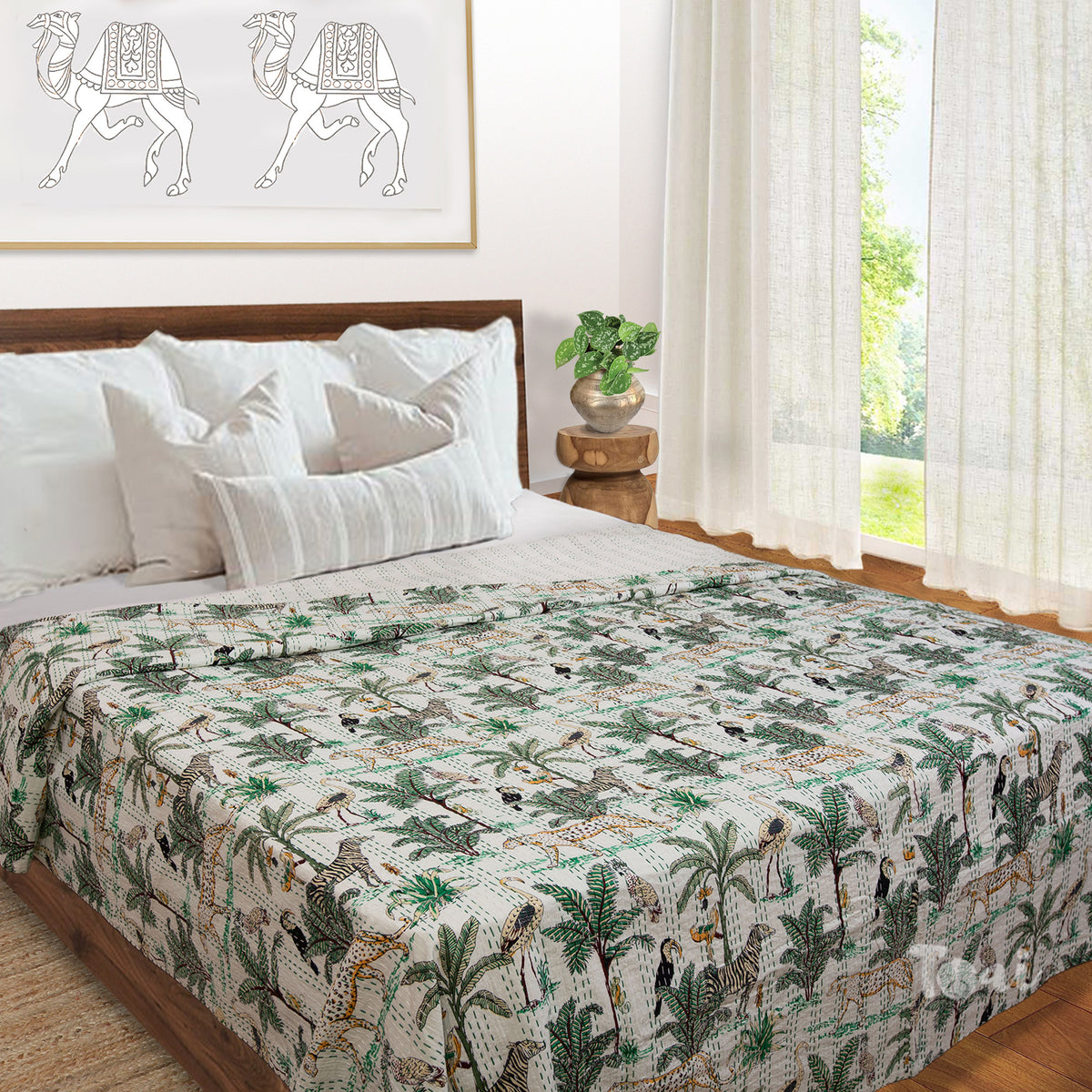 TropicalForestOnWhite |Kantha Stitched |Hand Screen Printed |Double Bed- Queen Size| Premium Pure Cotton| Bed cover