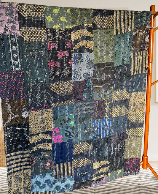 Black Khambadi Patched Artwork| Kantha Stitched Sofa Throw | Cotton , Silk | Size-Single