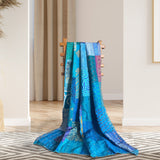 Blue, Green Patched Artwork| Kantha Stitched Sofa Throw | Cotton , Silk | Size-Single