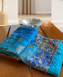 Blue, Green Patched Artwork| Kantha Stitched Sofa Throw | Cotton , Silk | Size-Single