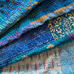 Blue, Green Patched Artwork| Kantha Stitched Sofa Throw | Cotton , Silk | Size-Single