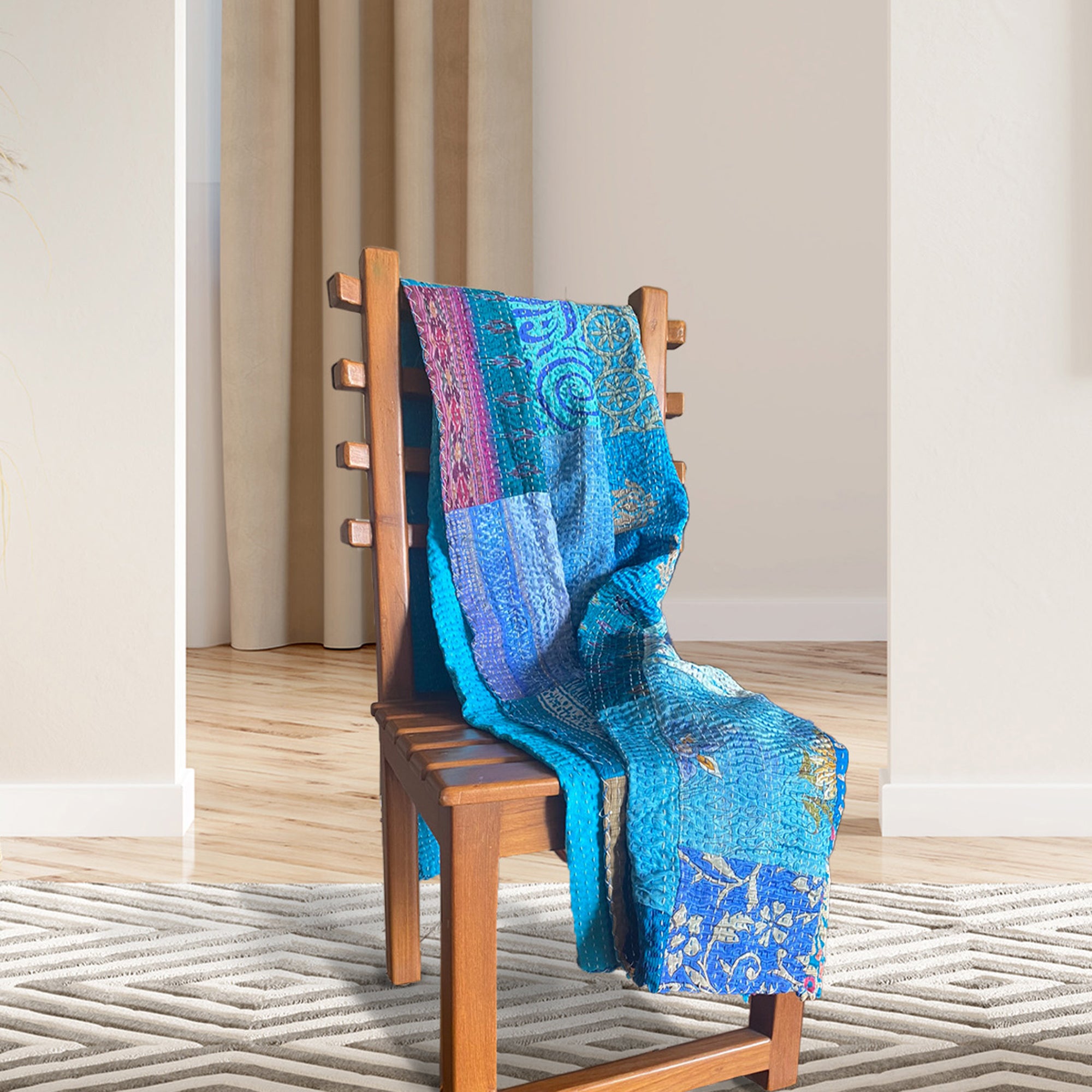 Blue, Green Patched Artwork| Kantha Stitched Sofa Throw | Cotton , Silk | Size-Single