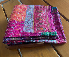 Pink, Purple Patched Artwork| Kantha Stitched Sofa Throw | Cotton , Silk | Size-Single