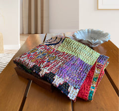 Saare Rang Patched Artwork| Kantha Stitched Sofa Throw | Cotton , Silk | Size-Single