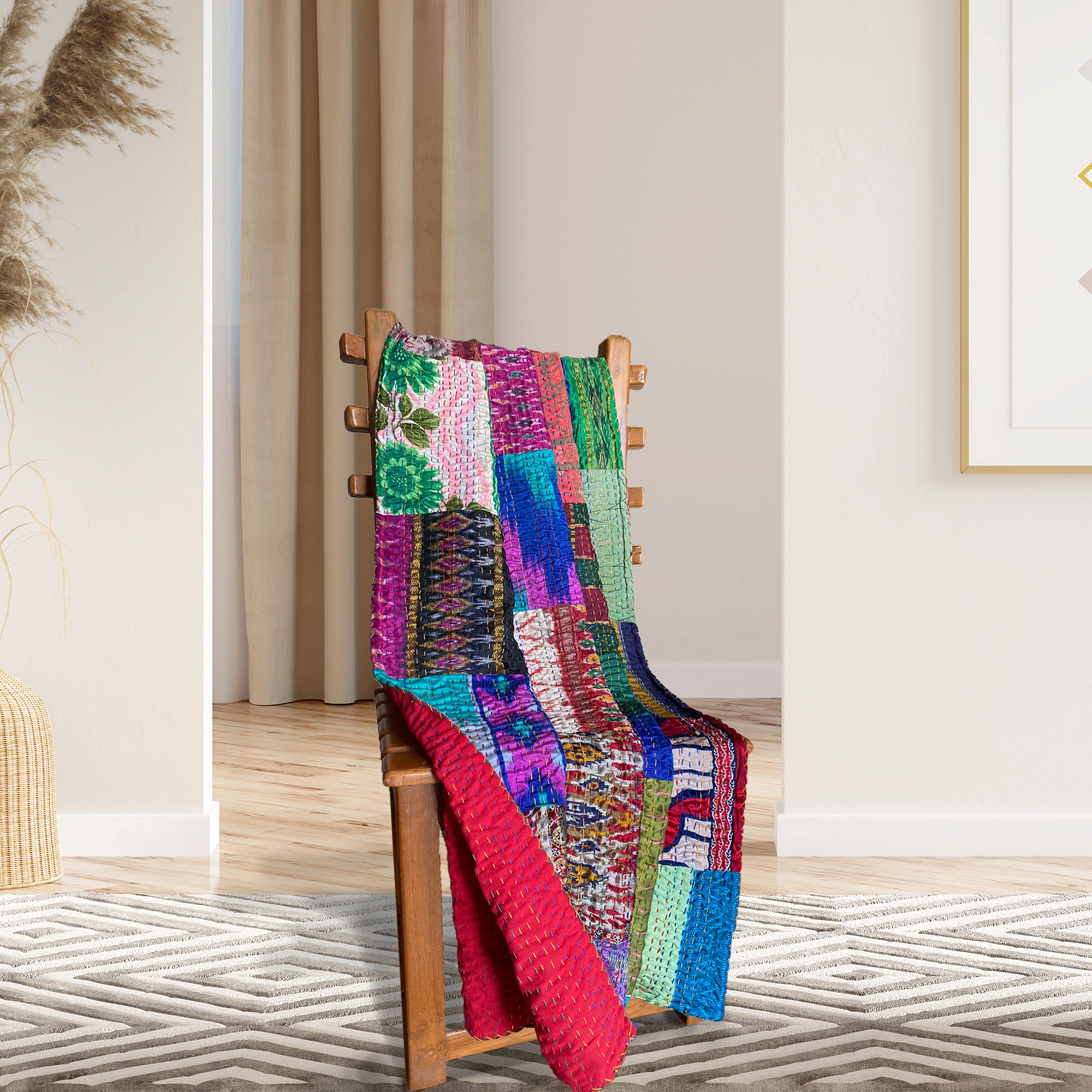 Saare Rang Patched Artwork| Kantha Stitched Sofa Throw | Cotton , Silk | Size-Single