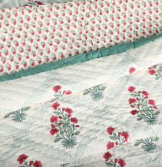 Balsam flowers with Jaal| Quilt | Razai | Rajai |Jaipuri hand block printed |Size Double| Premium Mulmul Cotton| Organic Cotton Filling | hand quilted | Reversible