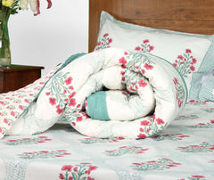 Balsam flowers with Jaal| Quilt | Razai | Rajai |Jaipuri hand block printed |Size Double| Premium Mulmul Cotton| Organic Cotton Filling | hand quilted | Reversible