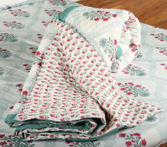 Balsam flowers with Jaal| Quilt | Razai | Rajai |Jaipuri hand block printed |Size Double| Premium Mulmul Cotton| Organic Cotton Filling | hand quilted | Reversible